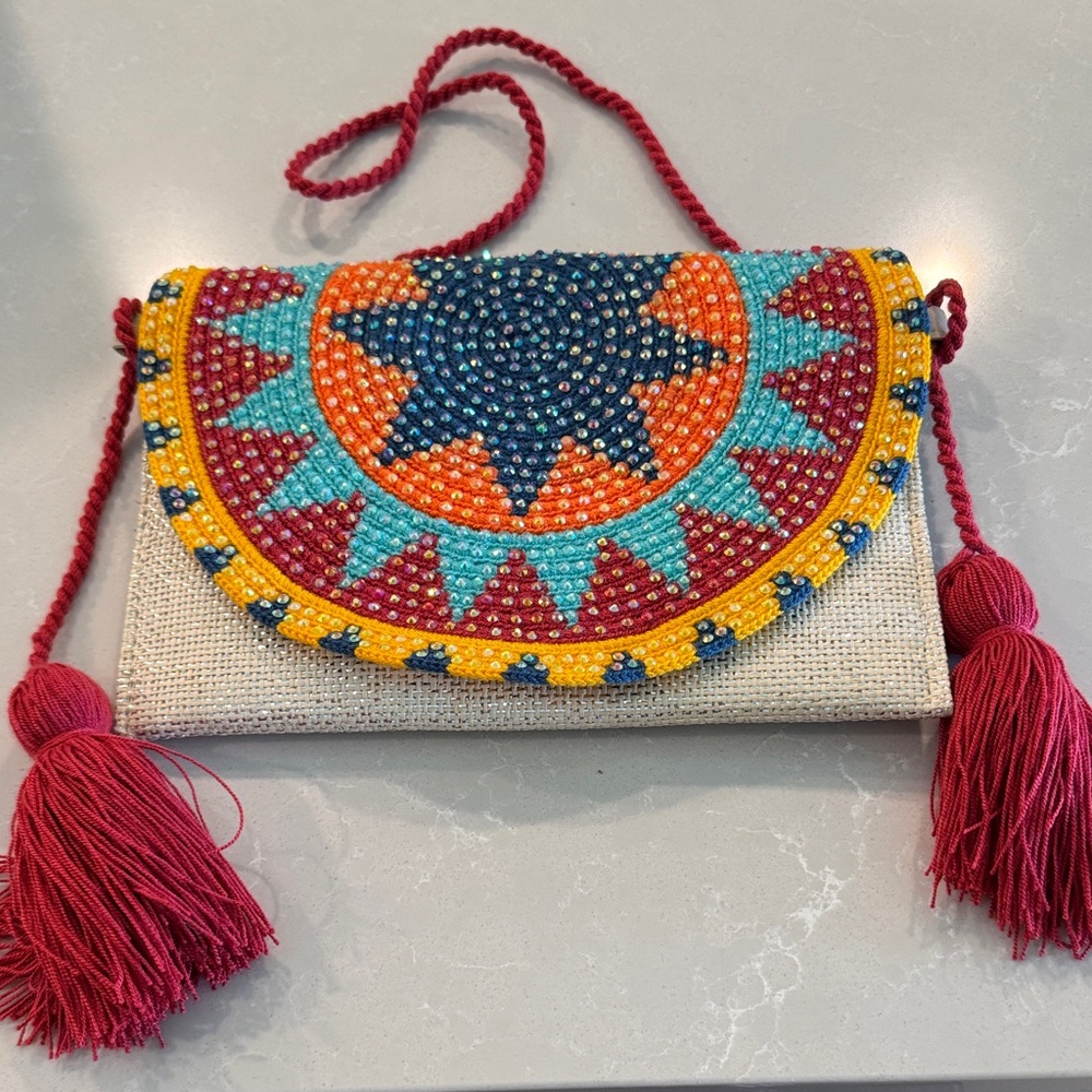 Boho Beaded Crossbody Clutch in Red and Turquoise